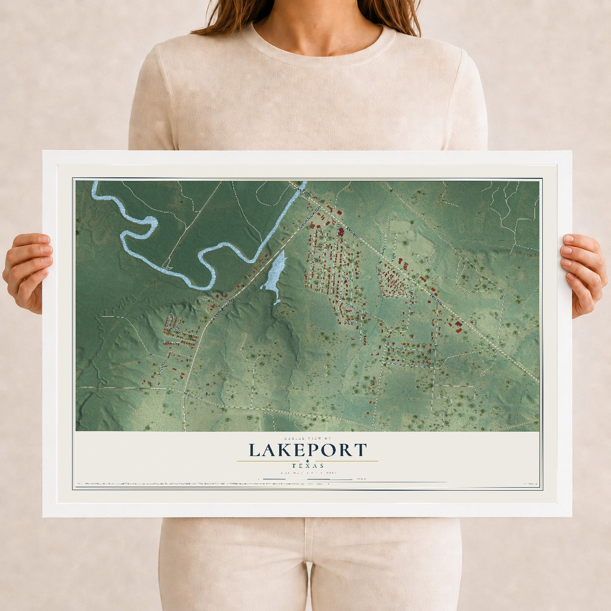 Map of Lakeport, Texas, 12 x 18 inch print in a white wood frame