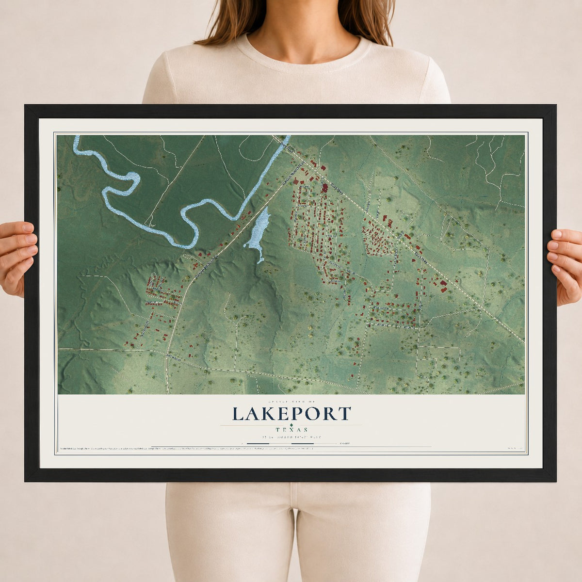 Map of Lakeport, Texas, 18 x 24 inch print in a black wood frame