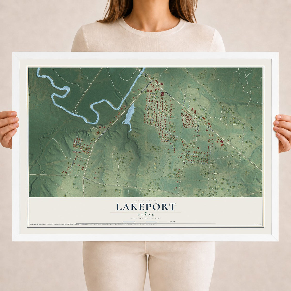 Map of Lakeport, Texas, 18 x 24 inch print in a white wood frame