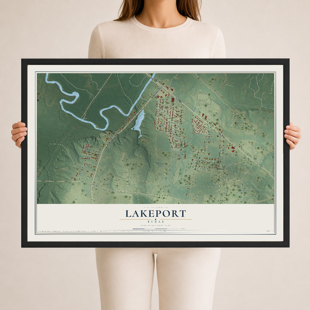 Map of Lakeport, Texas, 24 x 36 inch print in a black wood frame