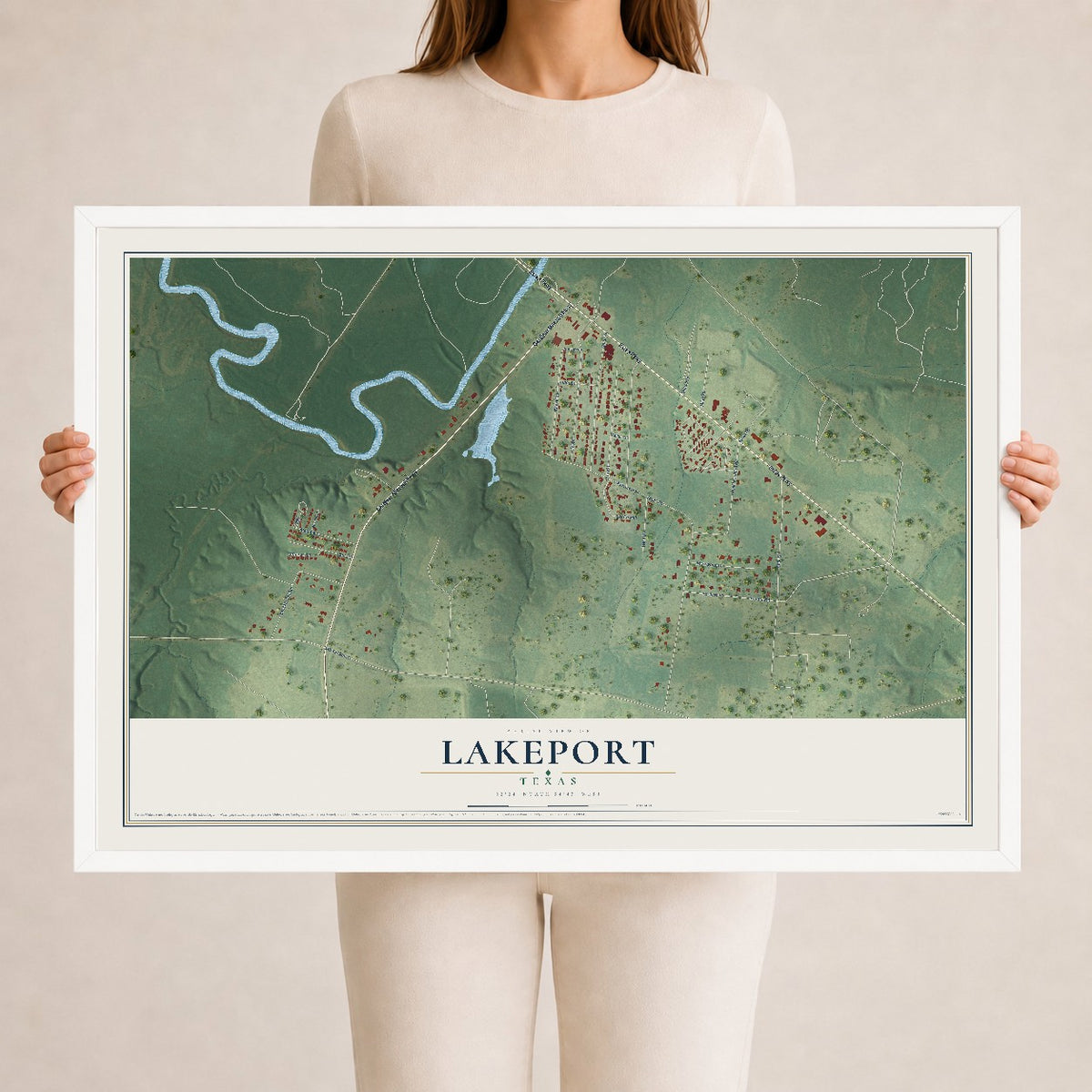 Map of Lakeport, Texas, 24 x 36 inch print in a white wood frame