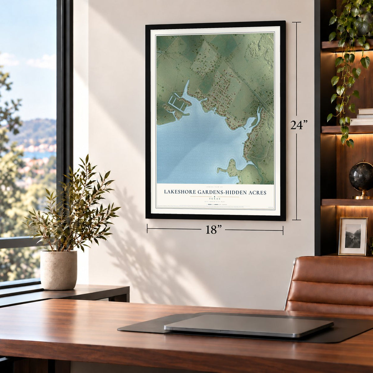 Lakeshore Gardens-Hidden Acres, Texas map, 18 x 24 inch print in a black frame in a home office