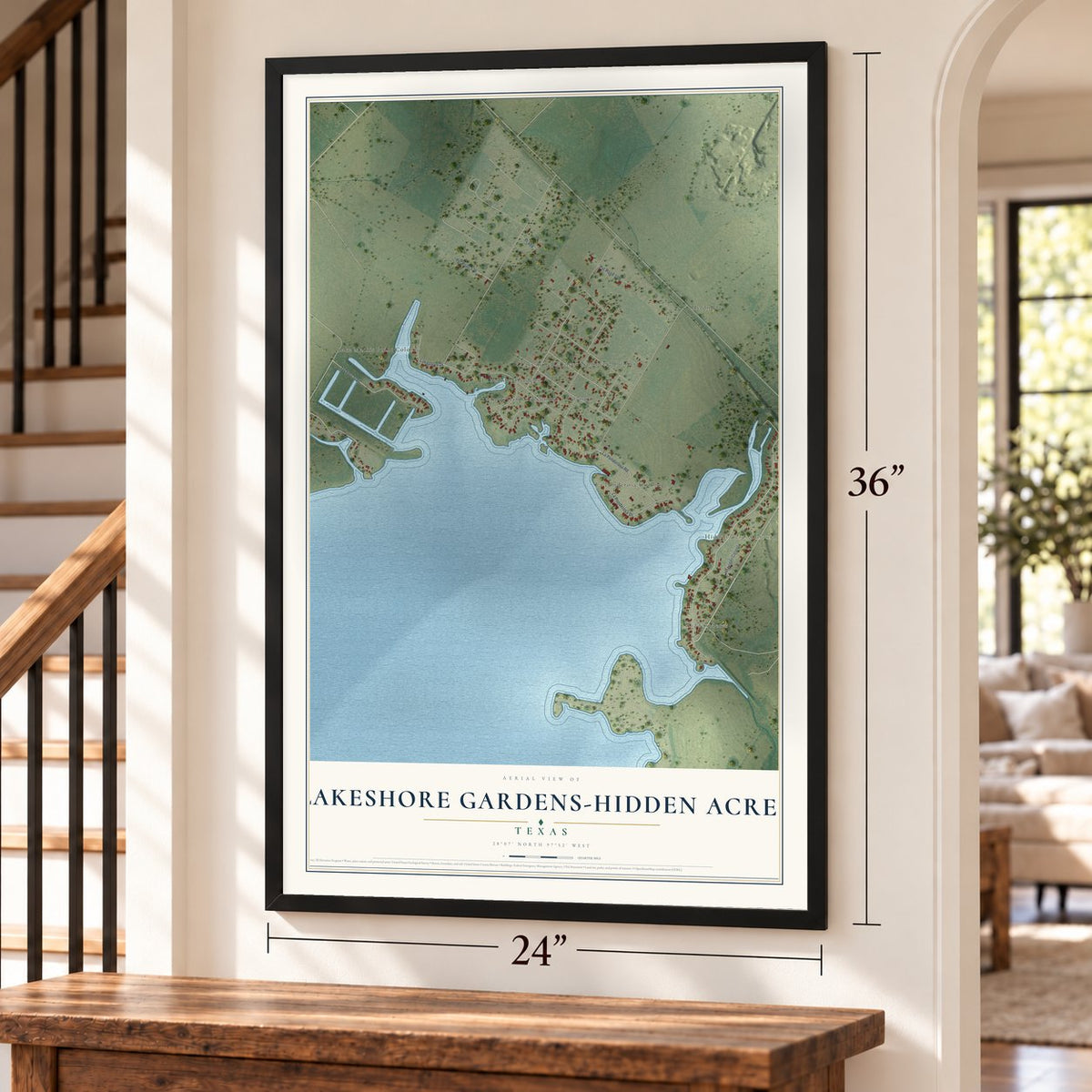 Lakeshore Gardens-Hidden Acres, Texas map, 24 x 36 inch print in a black frame by a staircase