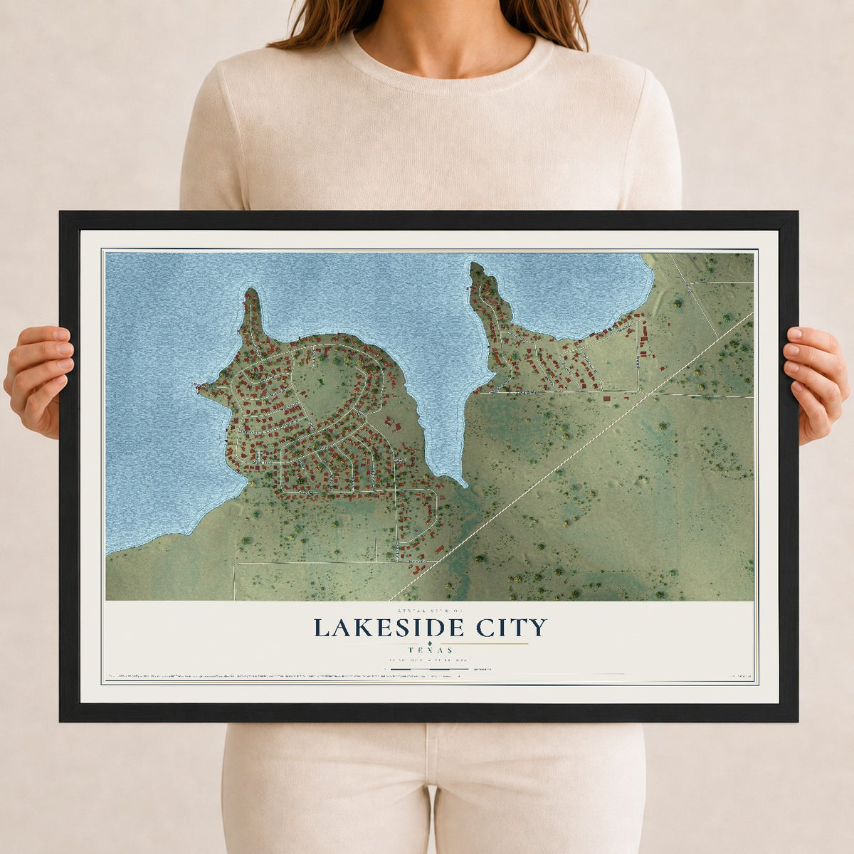 Map of Lakeside City, Texas, 12 x 18 inch print in a black wood frame