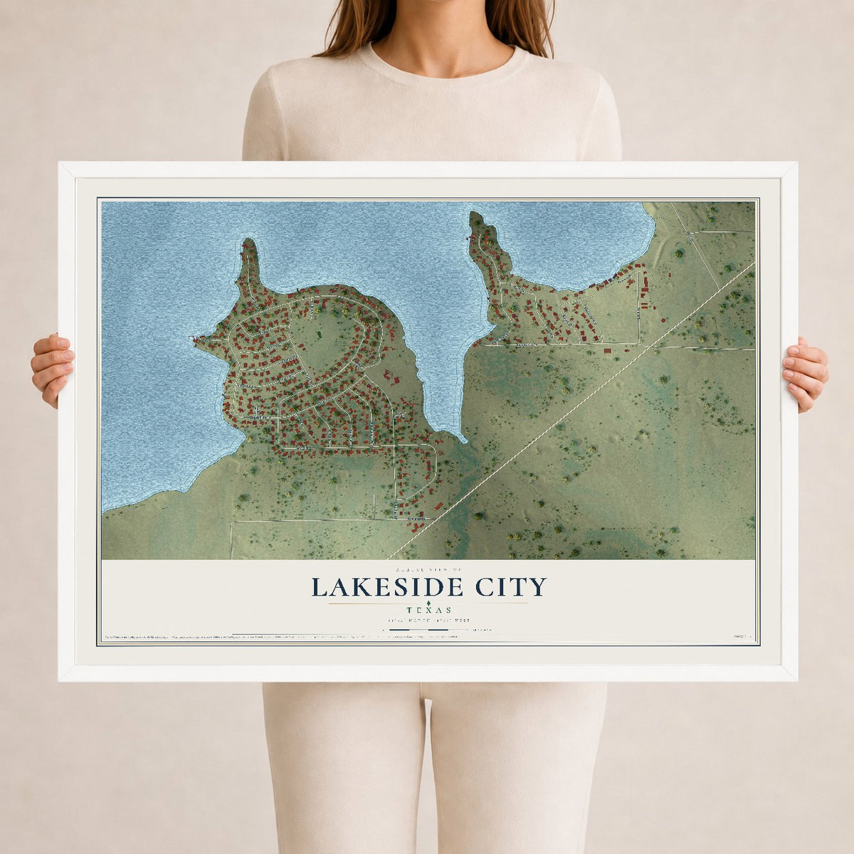 Map of Lakeside City, Texas, 24 x 36 inch print in a white wood frame