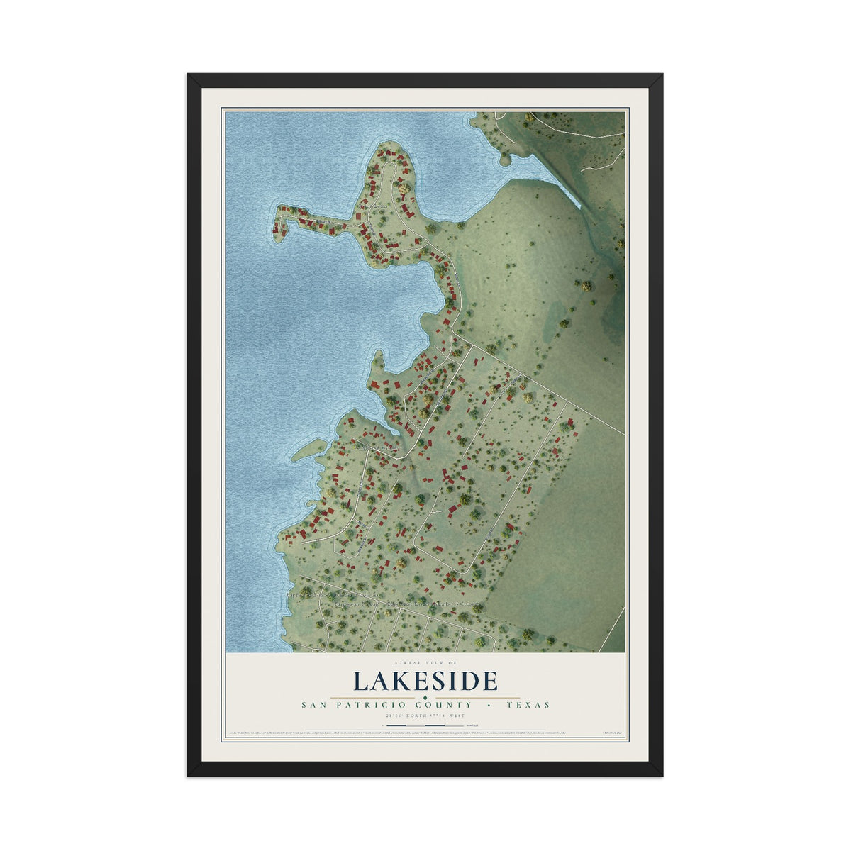 Map of Lakeside, San Patricio County, Texas, 12 x 18 inch print in a black wood frame