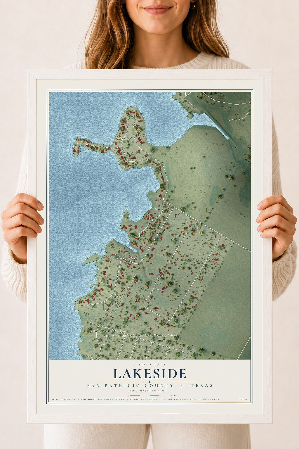 Map of Lakeside, San Patricio County, Texas, 18 x 24 inch print in a white wood frame