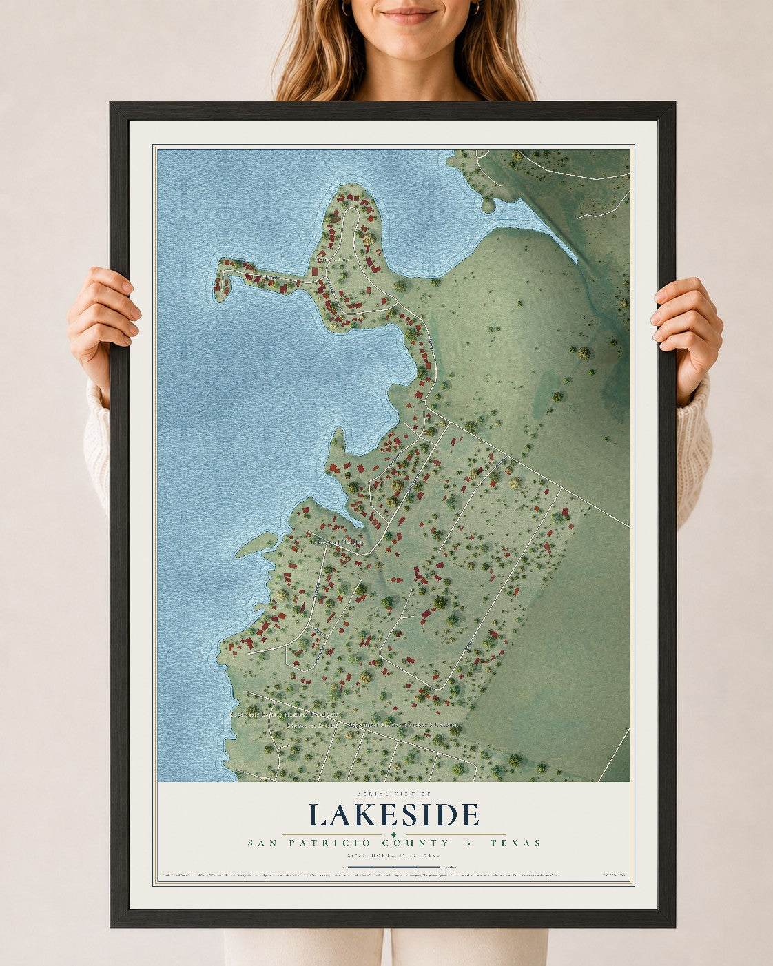 Map of Lakeside, San Patricio County, Texas, 24 x 36 inch print in a black wood frame