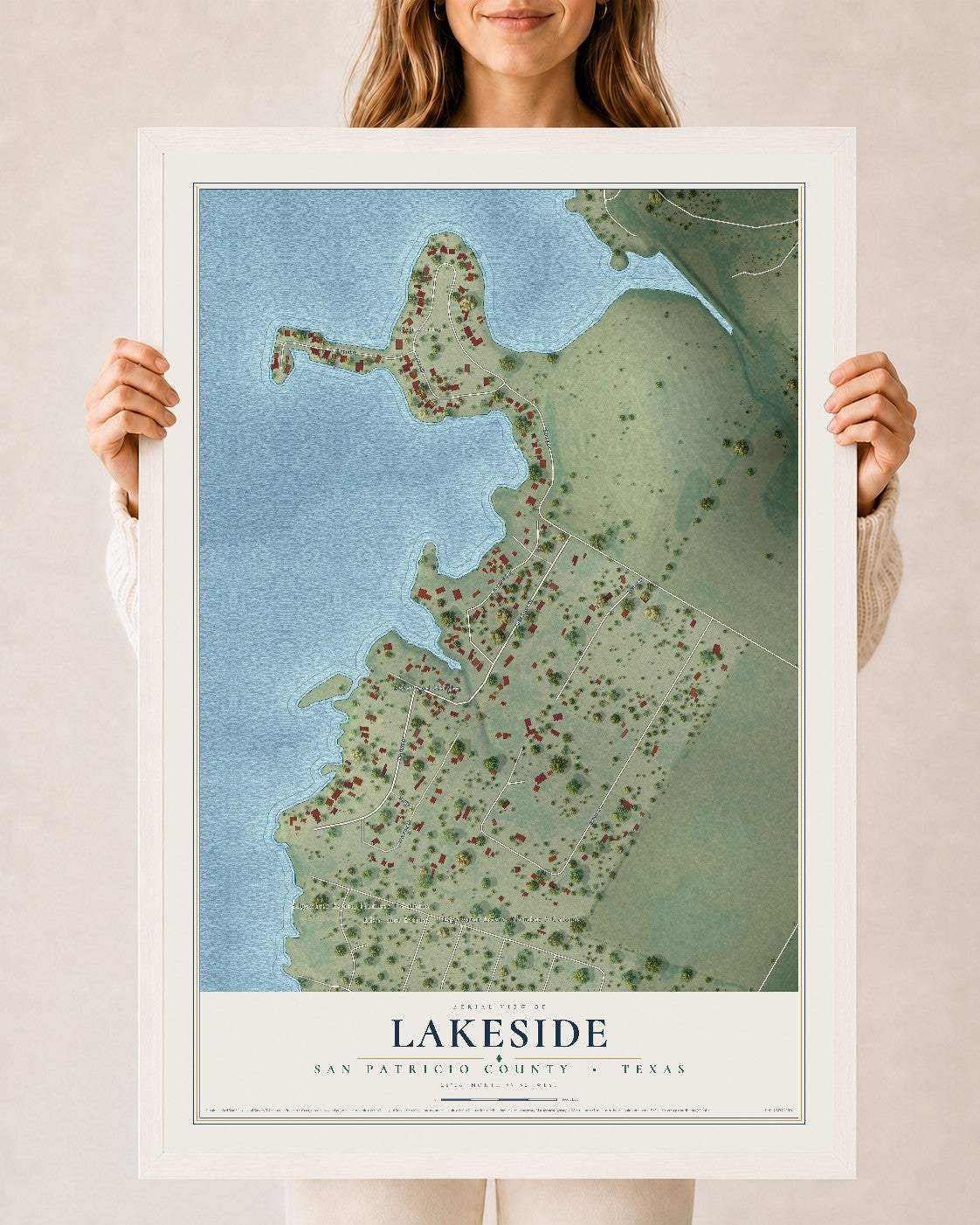 Map of Lakeside, San Patricio County, Texas, 24 x 36 inch print in a white wood frame