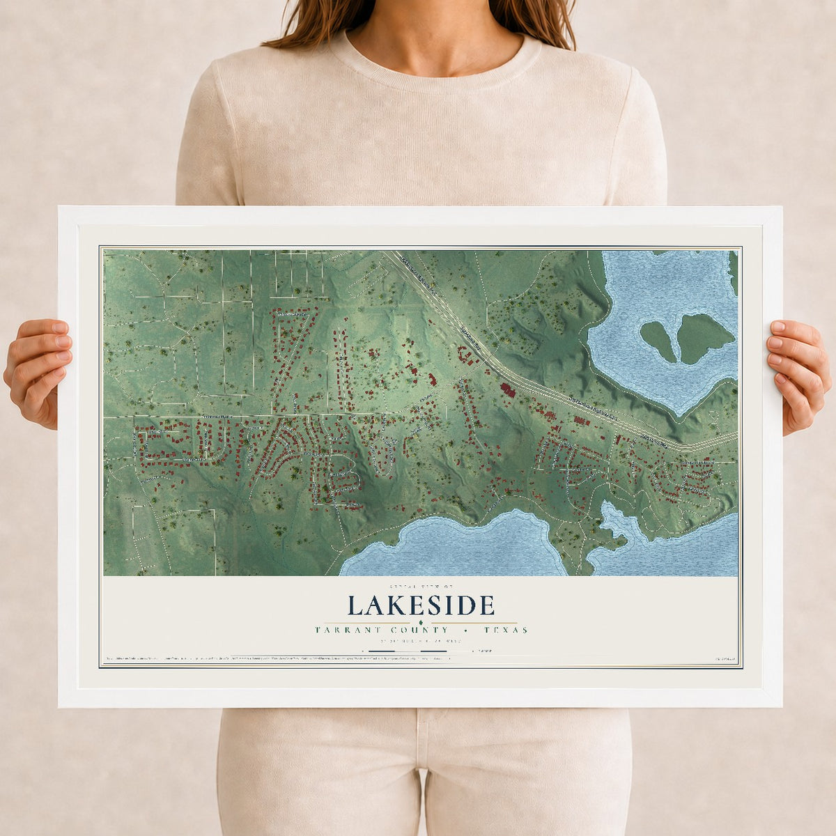 Map of Lakeside, Tarrant County, Texas, 12 x 18 inch print in a white wood frame