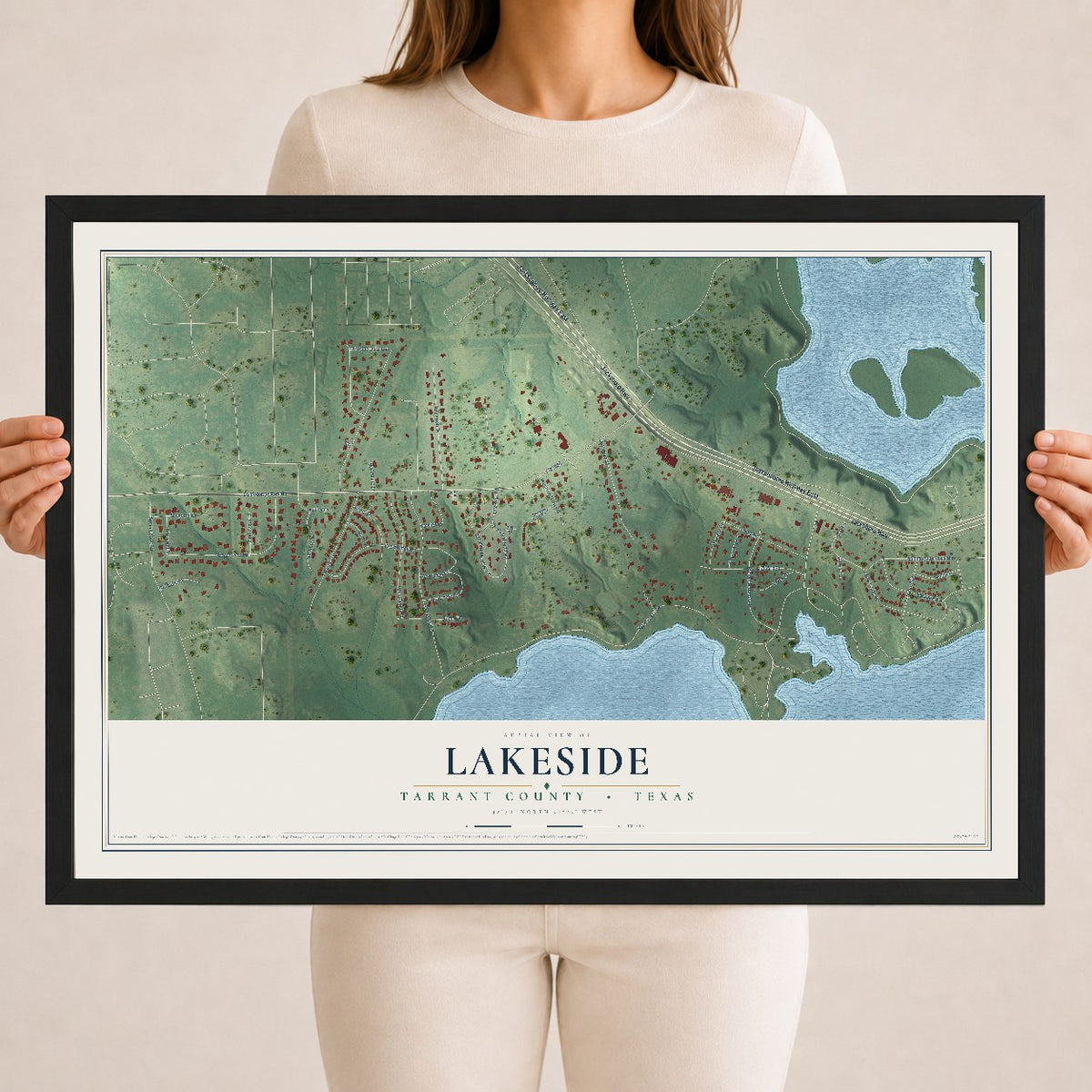 Map of Lakeside, Tarrant County, Texas, 18 x 24 inch print in a black wood frame