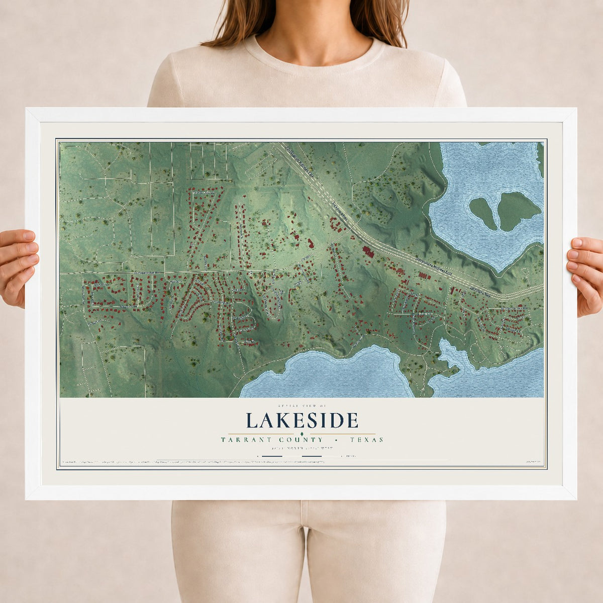 Map of Lakeside, Tarrant County, Texas, 18 x 24 inch print in a white wood frame