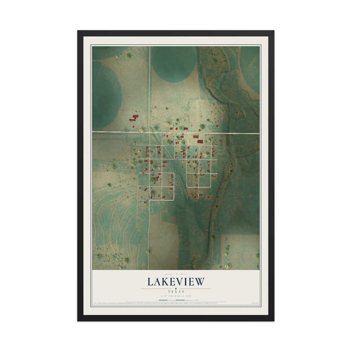 Map of Lakeview, Texas, 12 x 18 inch print in a black wood frame
