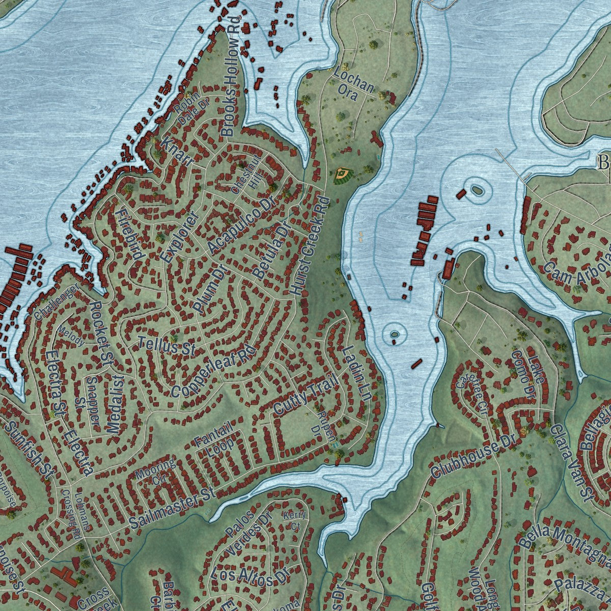 Close-up of the map of Lakeway, Texas print showing street and building detail