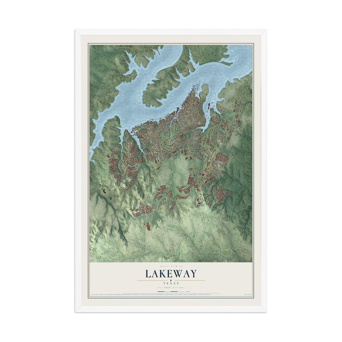 Map of Lakeway, Texas, 12 x 18 inch print in a white wood frame