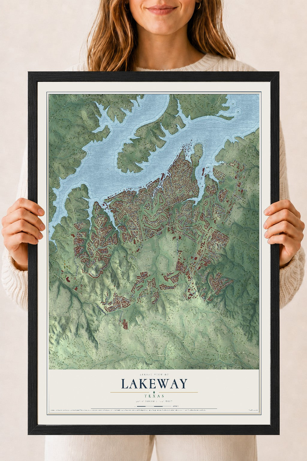 Map of Lakeway, Texas, 18 x 24 inch print in a black wood frame