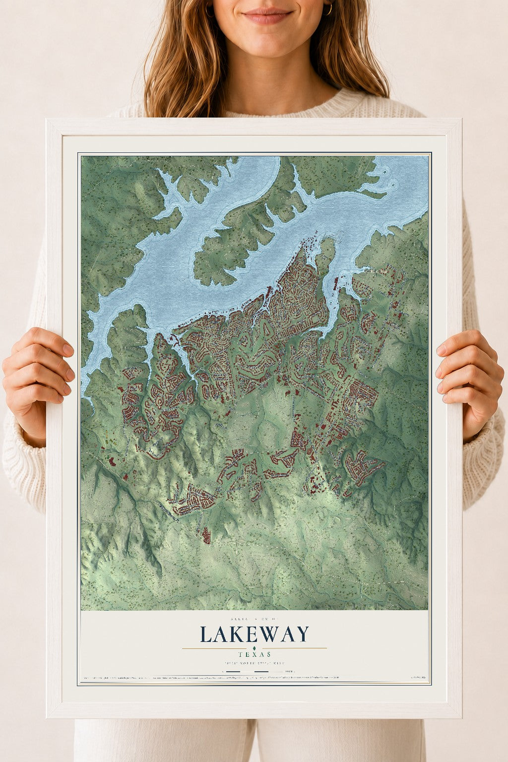 Map of Lakeway, Texas, 18 x 24 inch print in a white wood frame