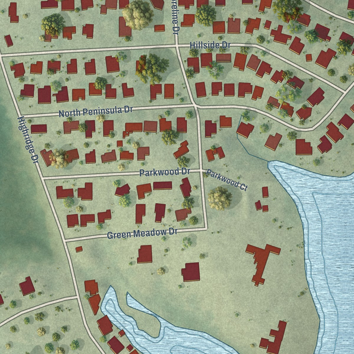 Close-up of the map of Lakewood Village, Texas print showing street and building detail