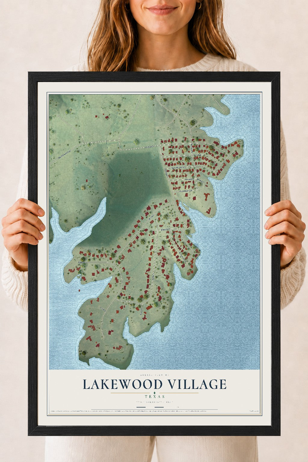 Map of Lakewood Village, Texas, 18 x 24 inch print in a black wood frame