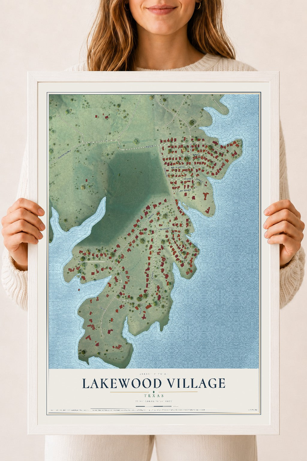 Map of Lakewood Village, Texas, 18 x 24 inch print in a white wood frame