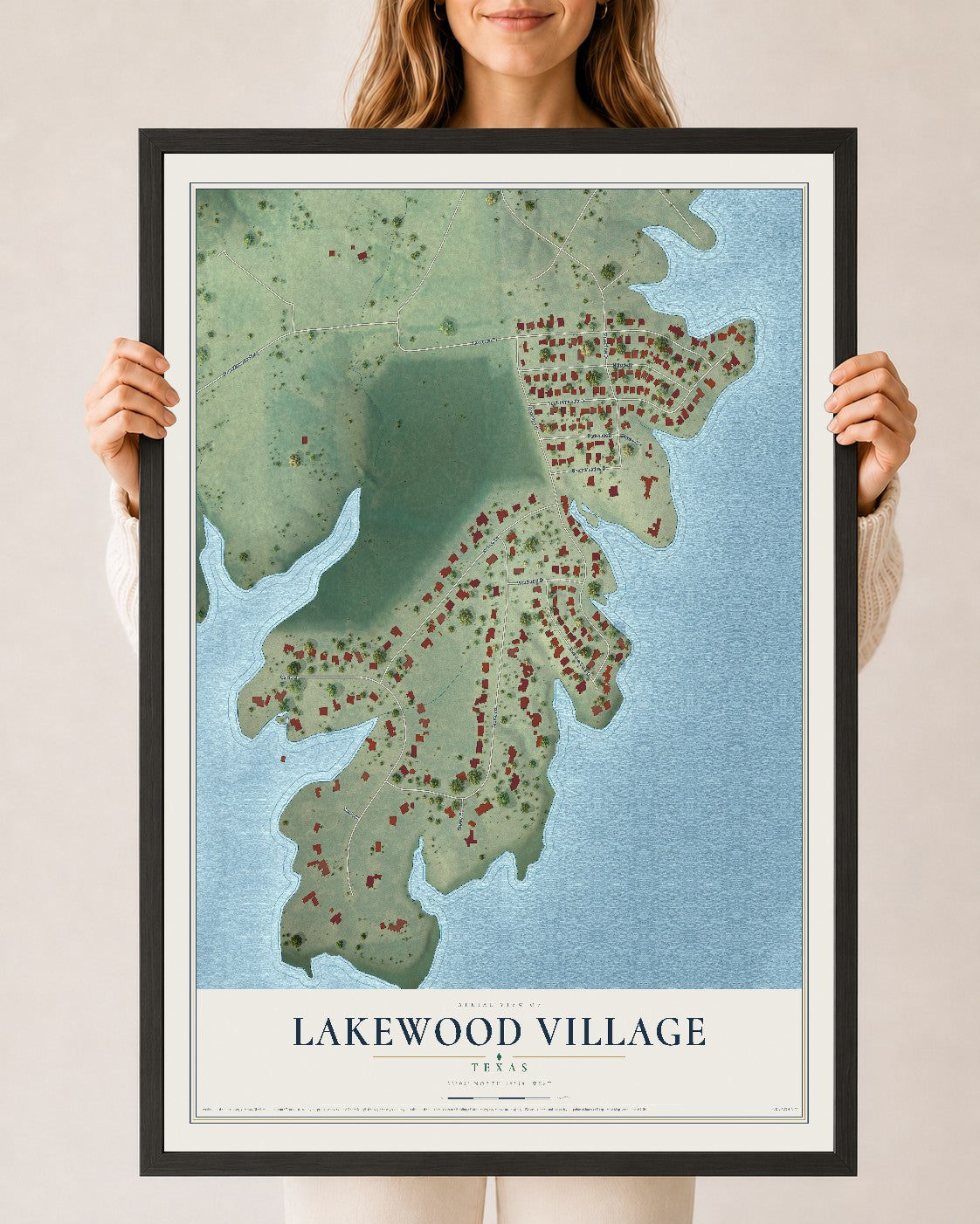 Map of Lakewood Village, Texas, 24 x 36 inch print in a black wood frame
