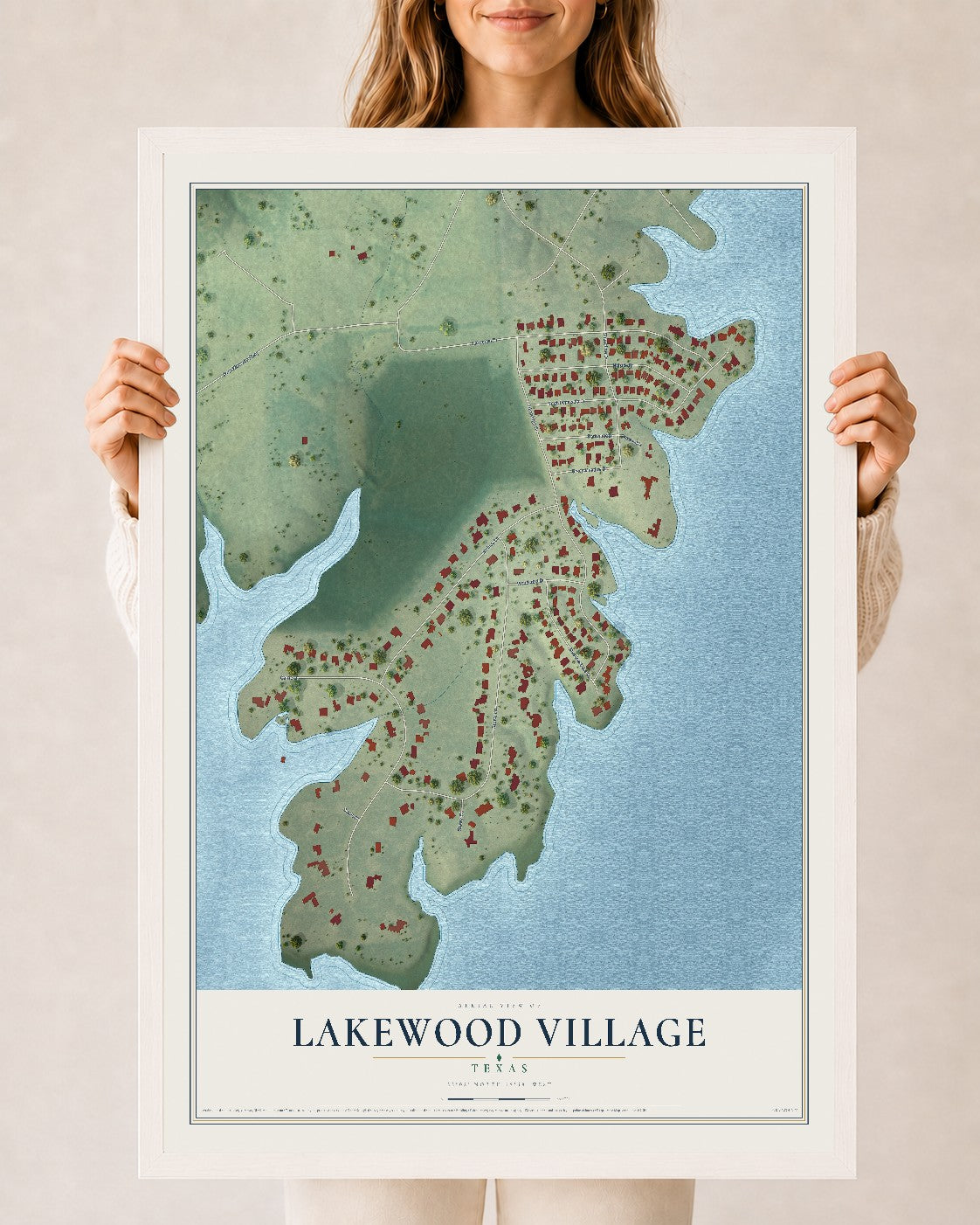 Map of Lakewood Village, Texas, 24 x 36 inch print in a white wood frame