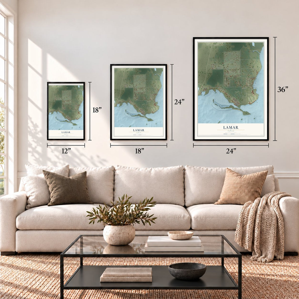 Lamar, Texas map in 12 x 18, 18 x 24 and 24 x 36 inch sizes above a sofa