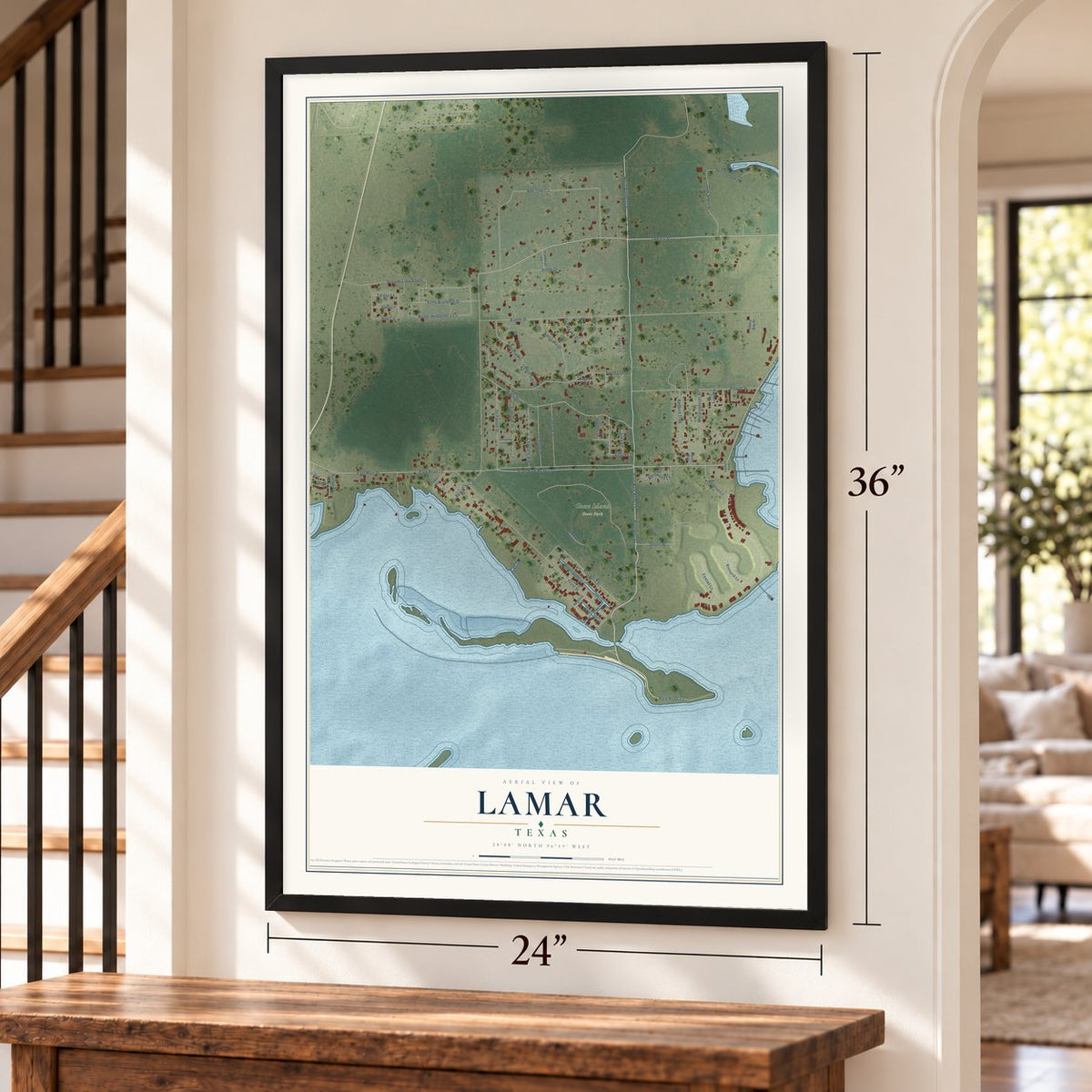 Lamar, Texas map, 24 x 36 inch print in a black frame by a staircase