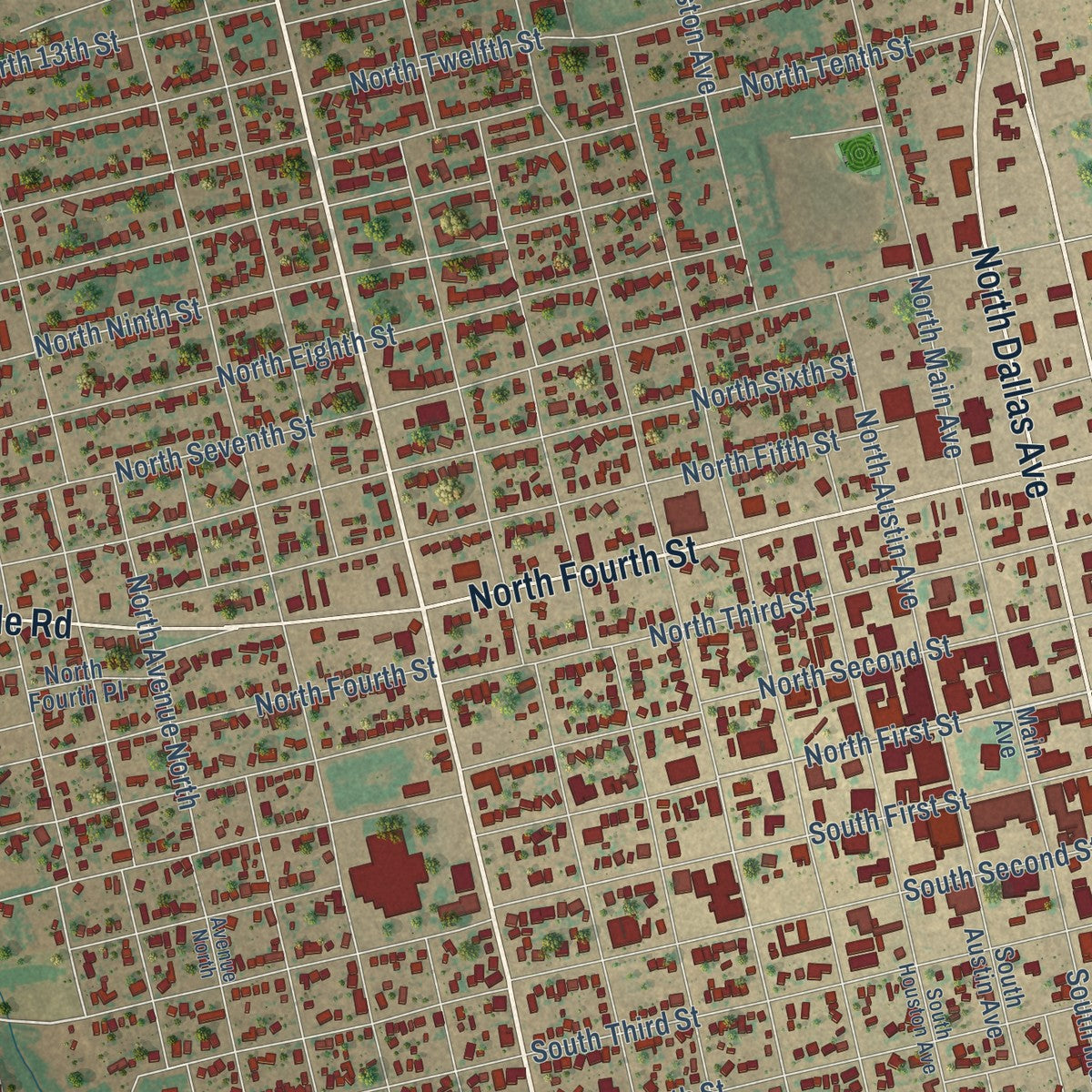 Close-up of the map of Lamesa, Texas print showing street and building detail