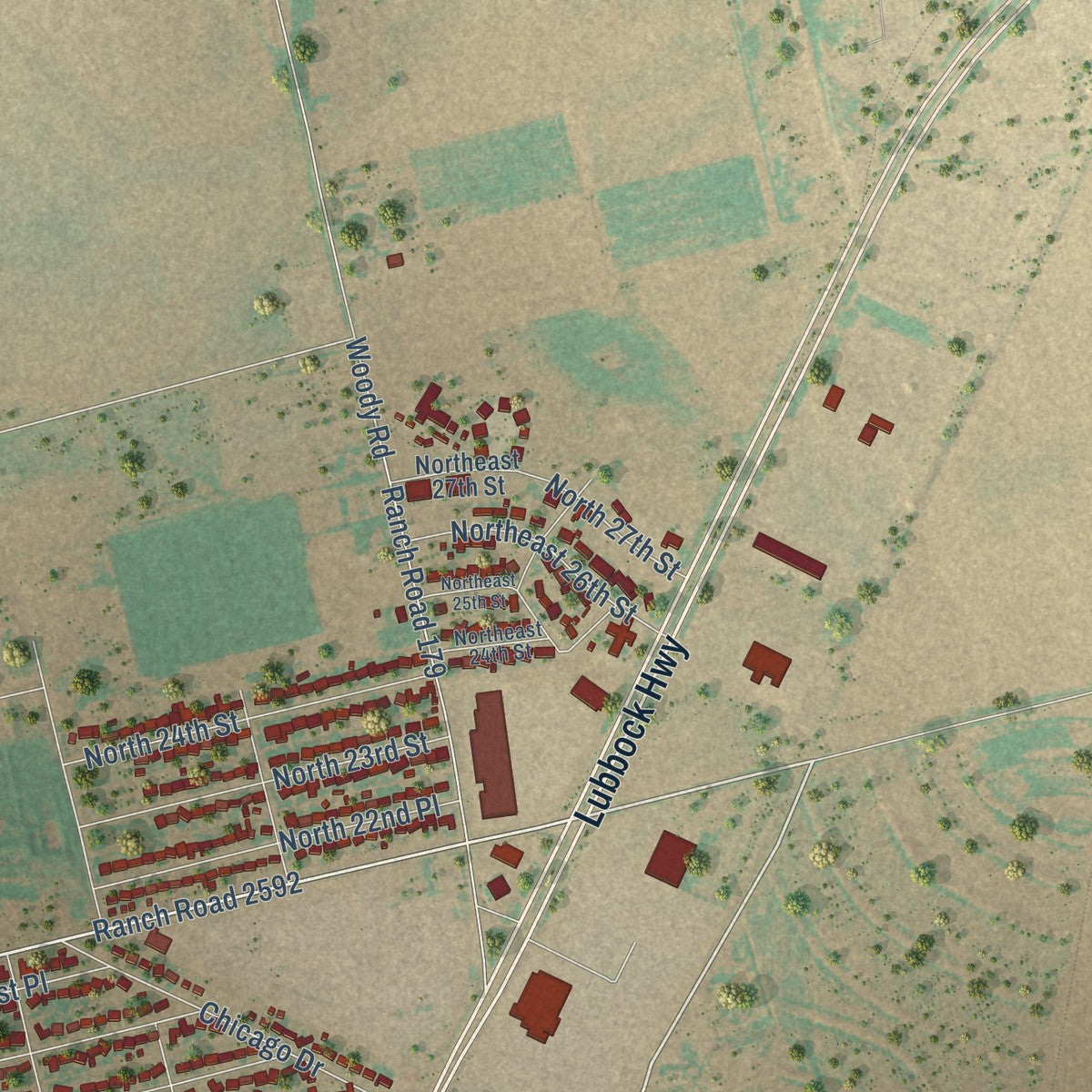 Second close-up of the map of Lamesa, Texas print showing more streets and buildings