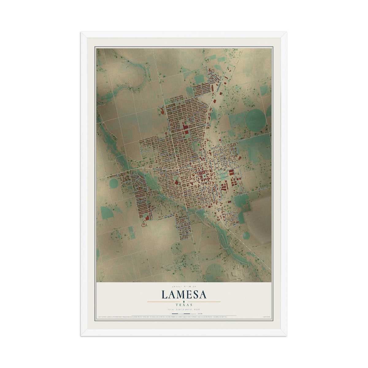 Map of Lamesa, Texas, 12 x 18 inch print in a white wood frame