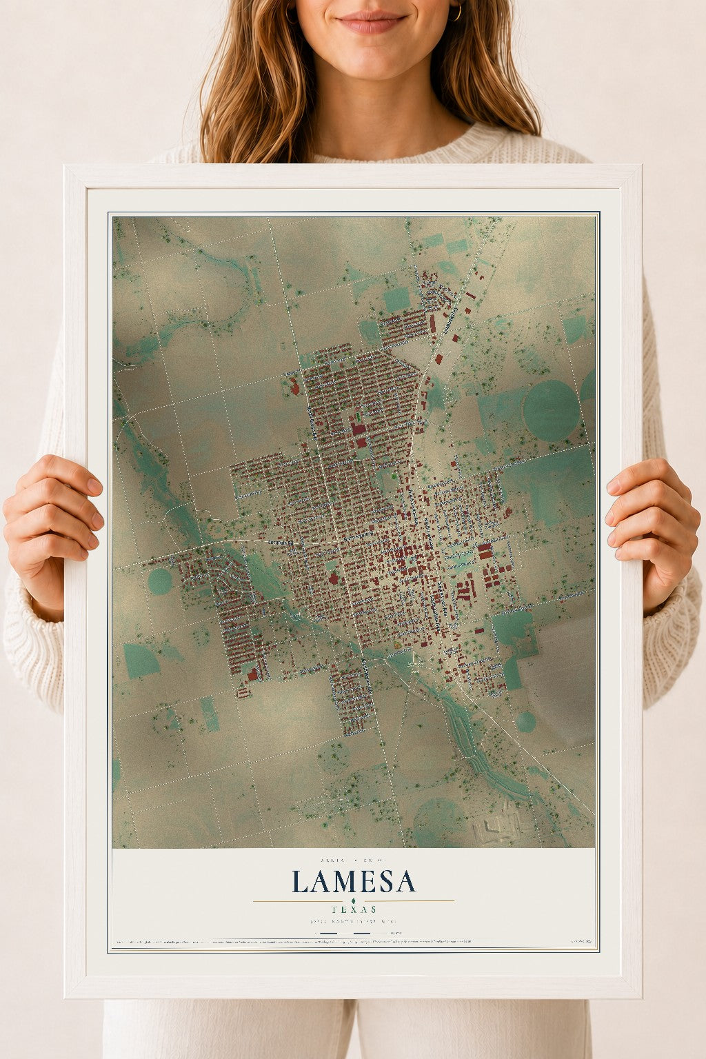 Map of Lamesa, Texas, 18 x 24 inch print in a white wood frame