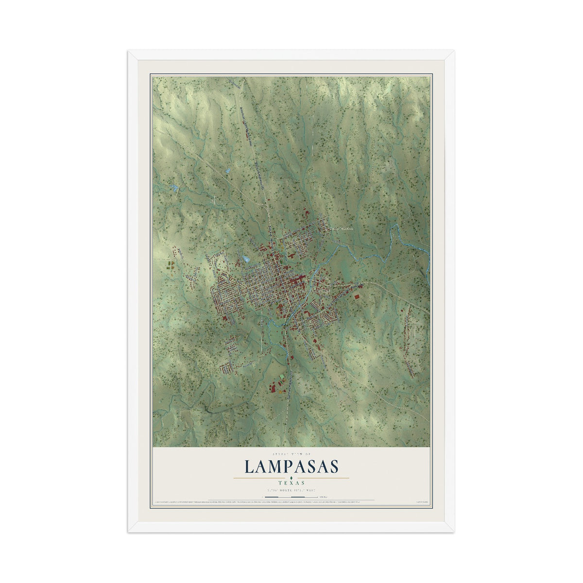 Map of Lampasas, Texas, 12 x 18 inch print in a white wood frame