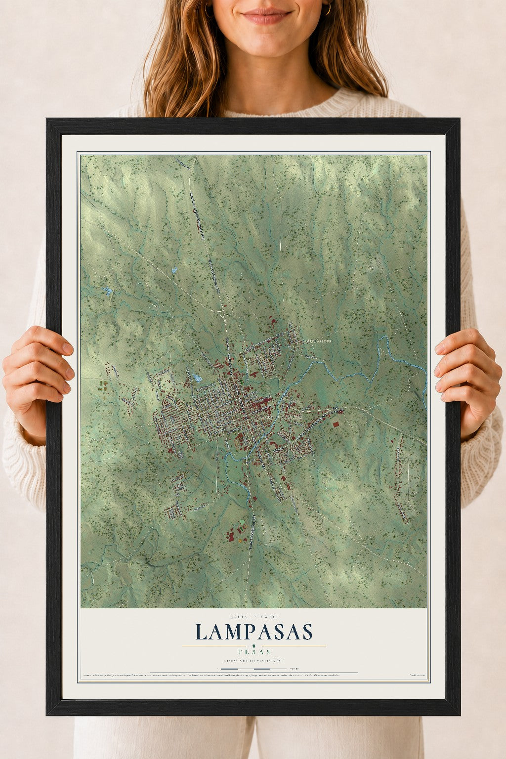 Map of Lampasas, Texas, 18 x 24 inch print in a black wood frame