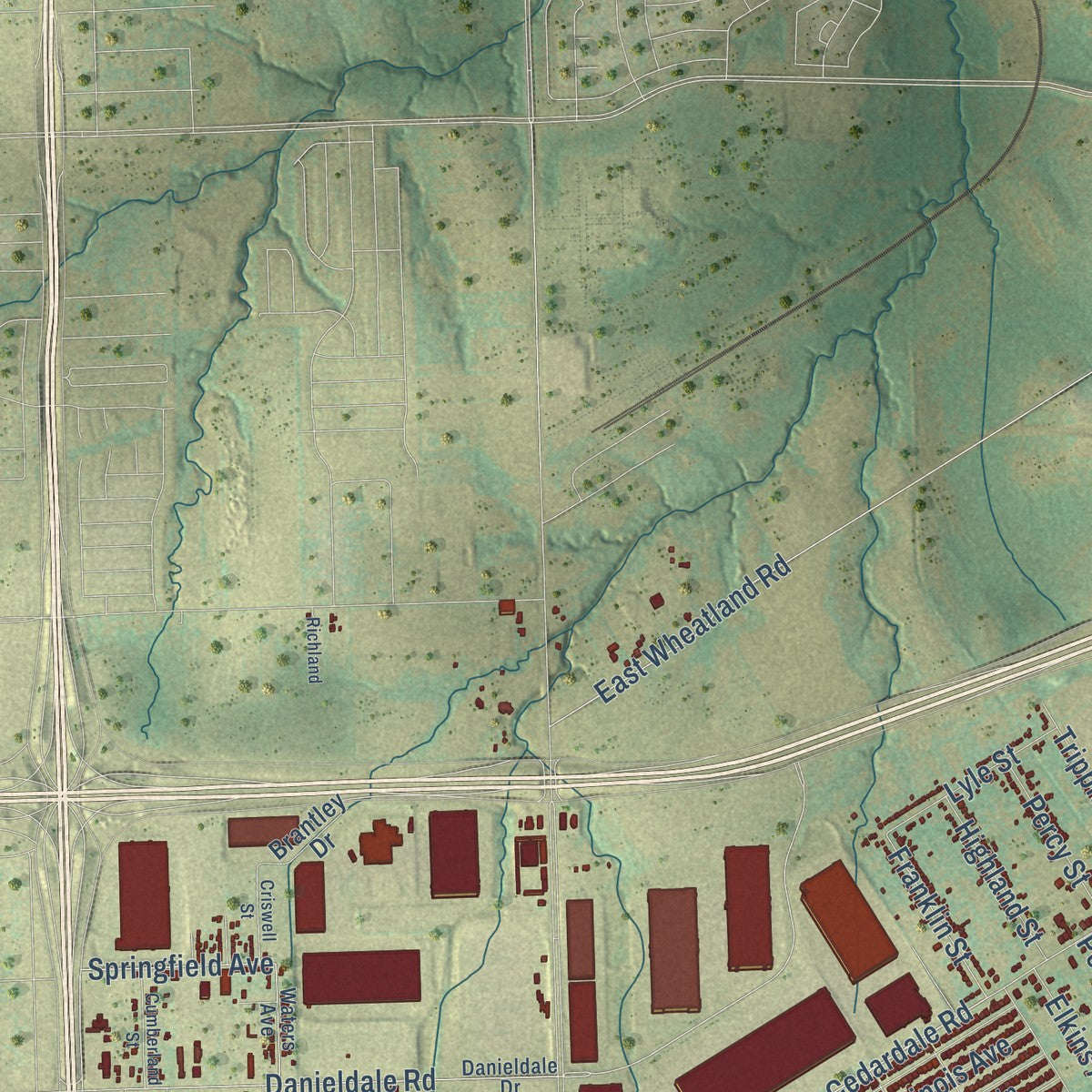 Second close-up of the map of Lancaster, Texas print showing more streets and buildings