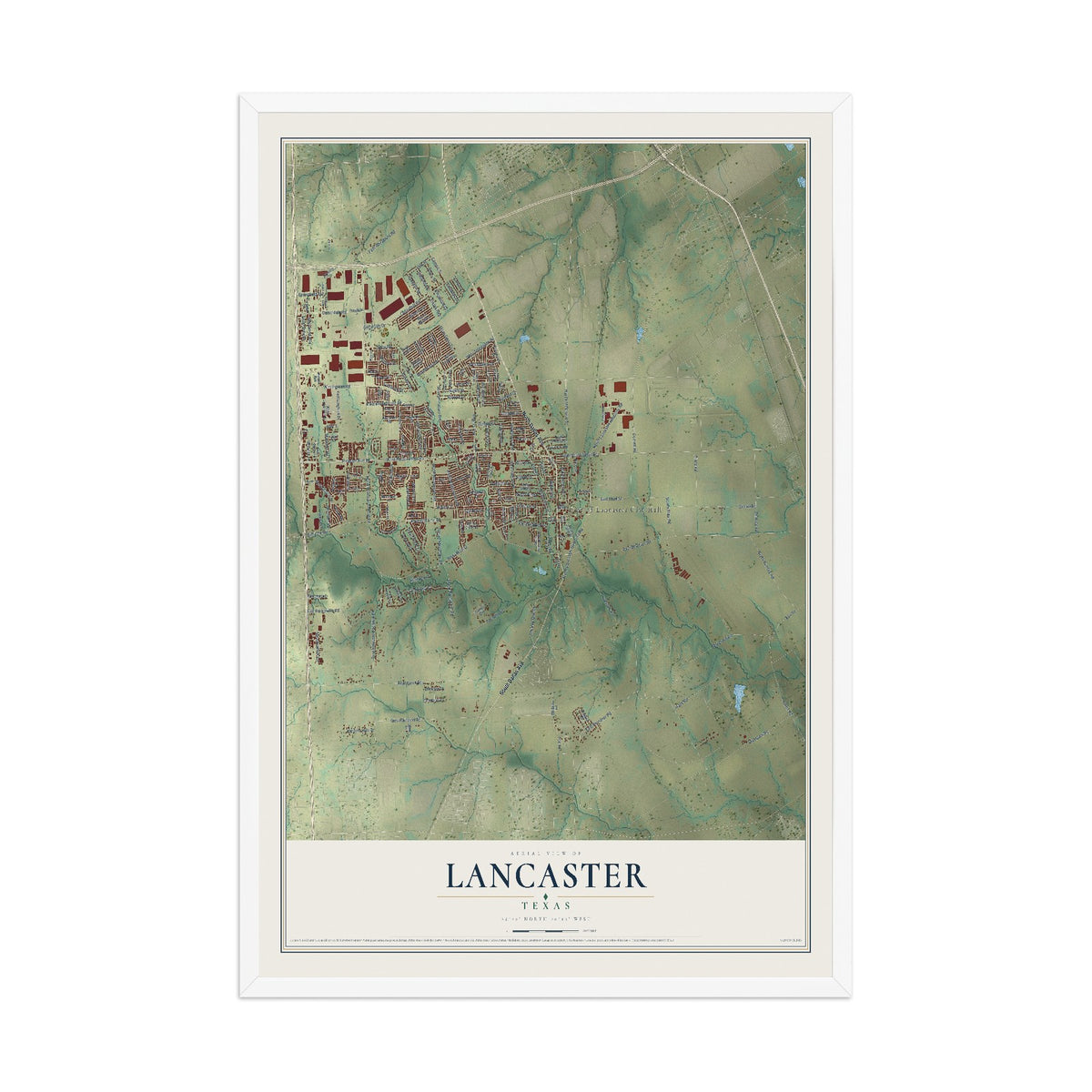 Map of Lancaster, Texas, 12 x 18 inch print in a white wood frame
