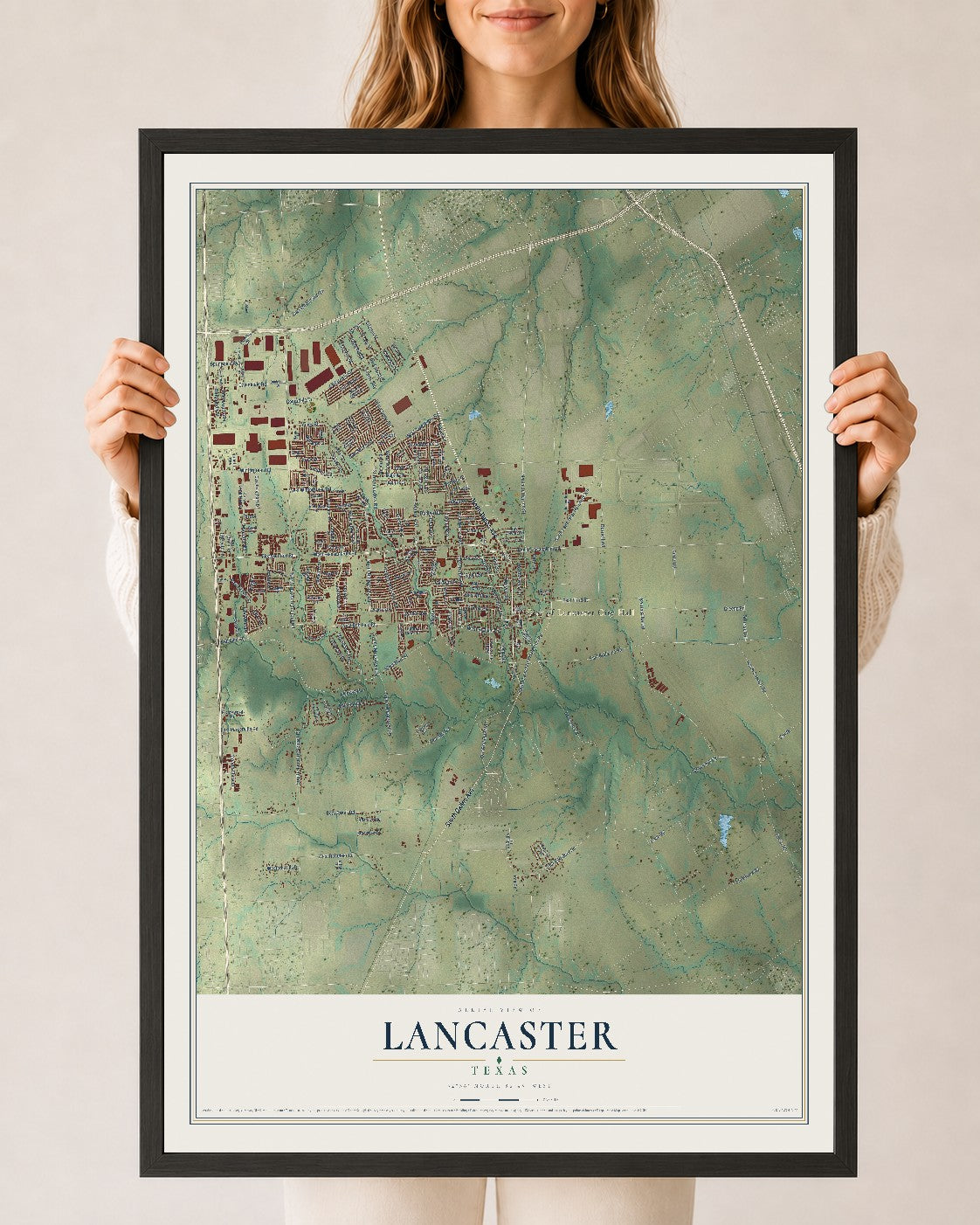 Map of Lancaster, Texas, 24 x 36 inch print in a black wood frame