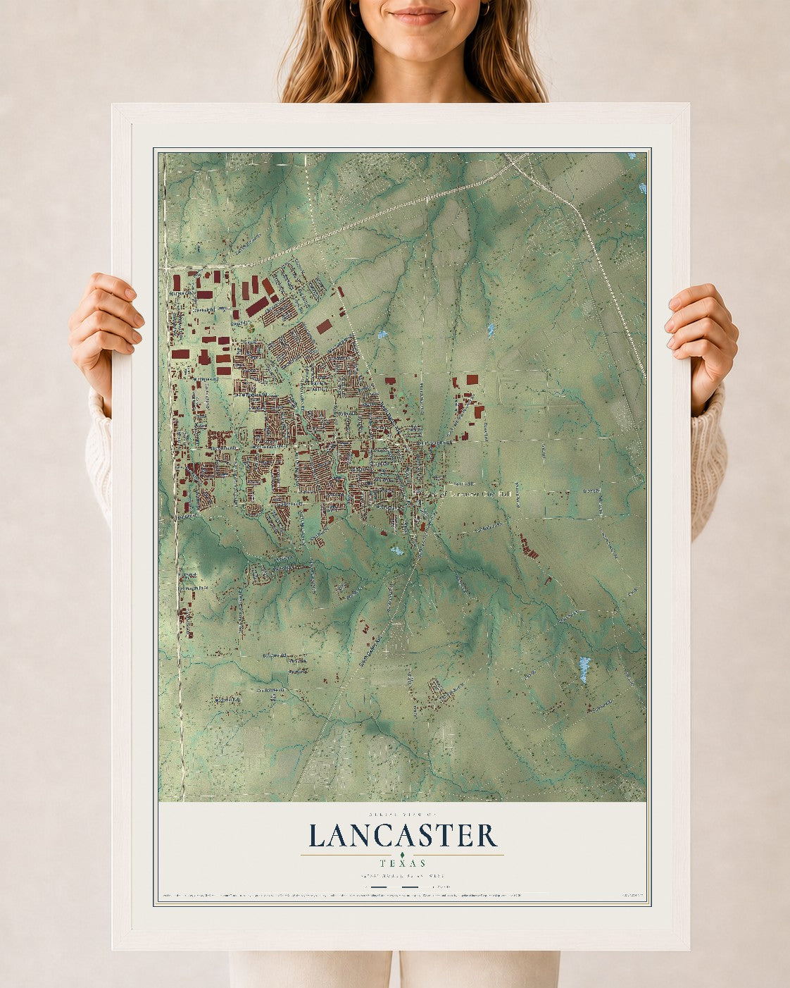 Map of Lancaster, Texas, 24 x 36 inch print in a white wood frame
