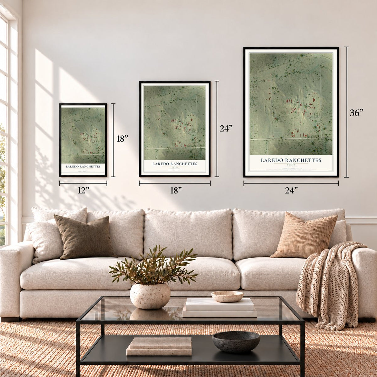 Laredo Ranchettes, Texas map in 12 x 18, 18 x 24 and 24 x 36 inch sizes above a sofa