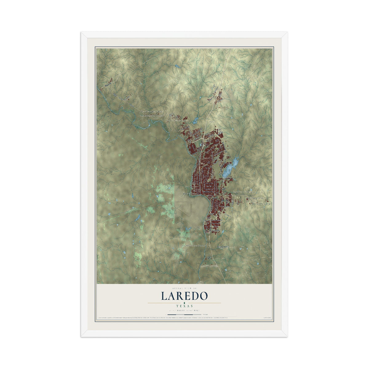 Map of Laredo, Texas, 12 x 18 inch print in a white wood frame
