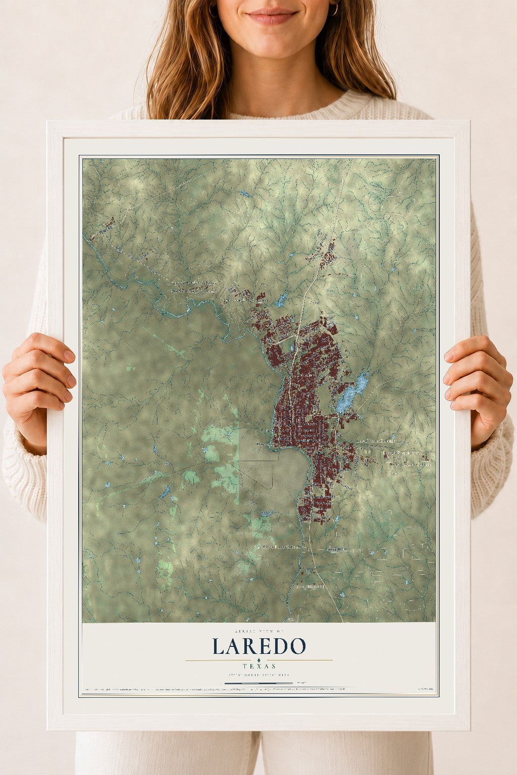 Map of Laredo, Texas, 18 x 24 inch print in a white wood frame