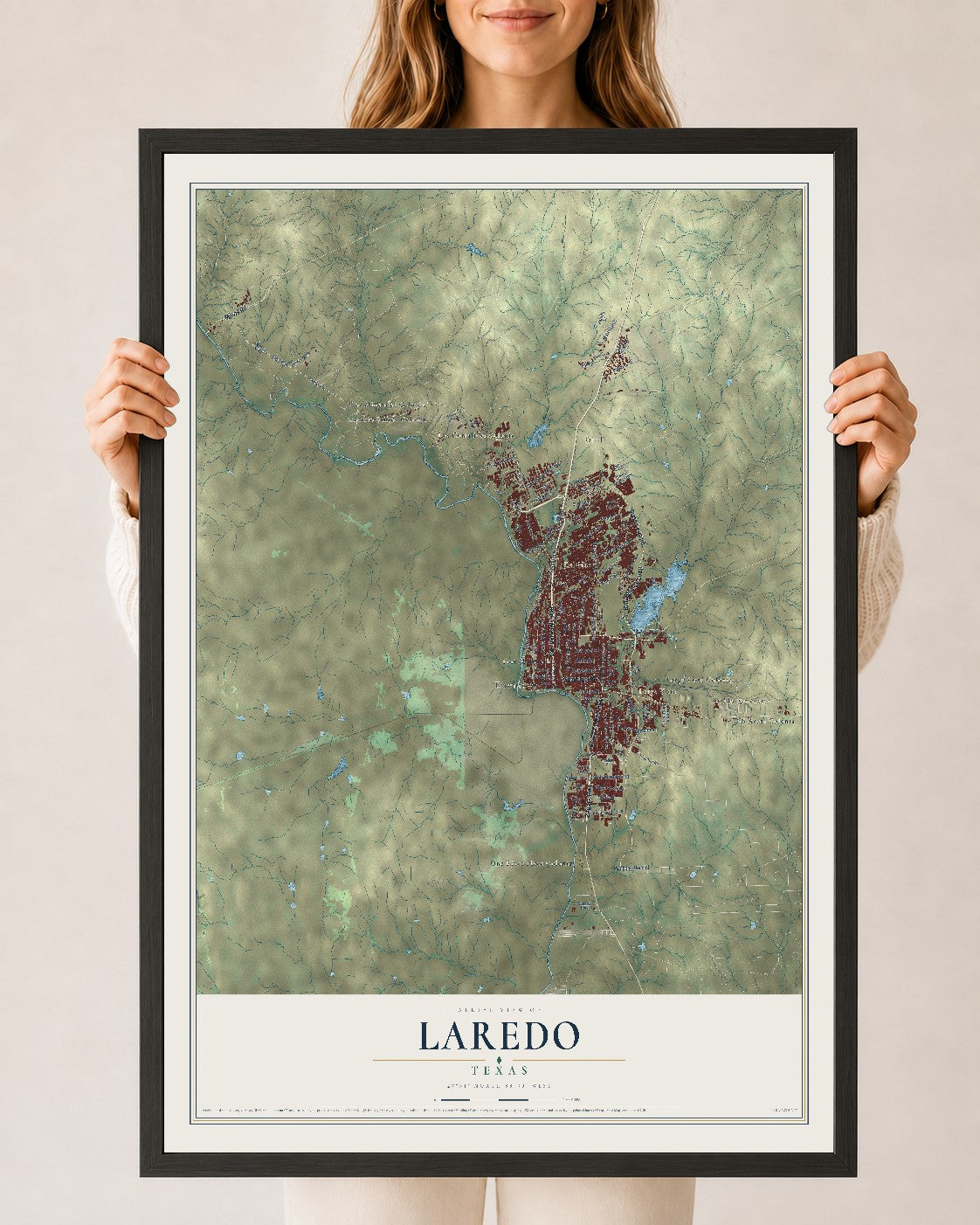 Map of Laredo, Texas, 24 x 36 inch print in a black wood frame