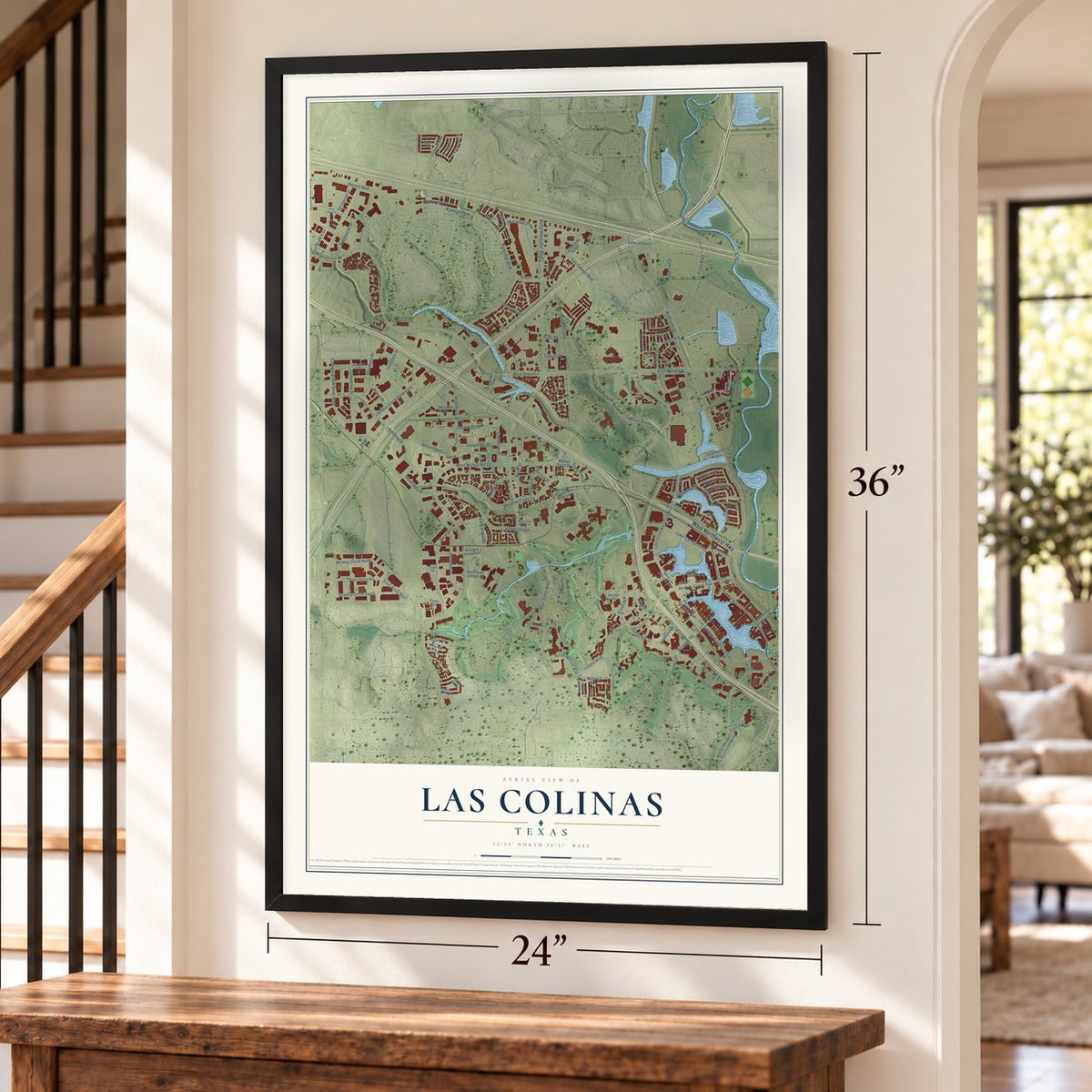 Las Colinas, Texas map, 24 x 36 inch print in a black frame by a staircase
