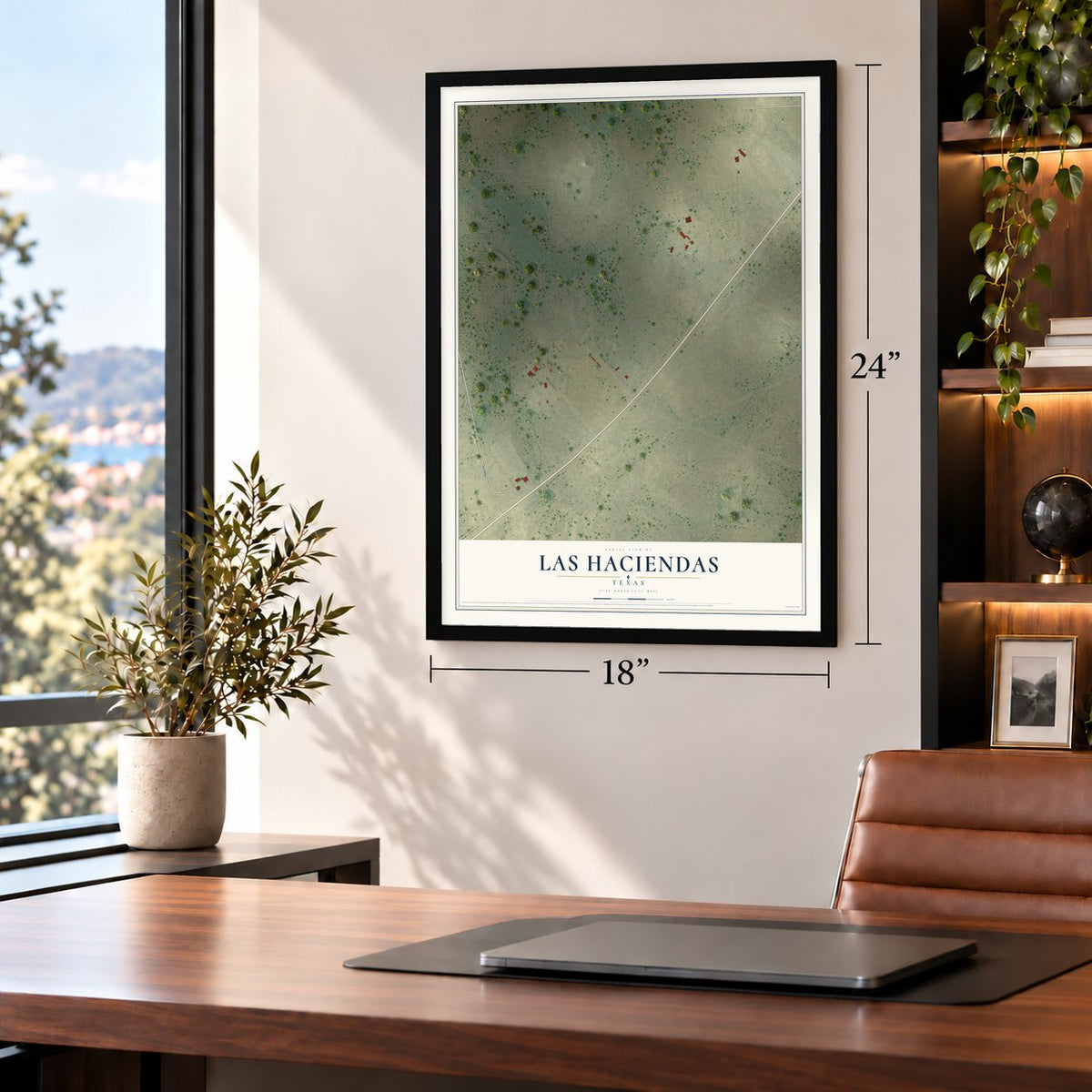 Las Haciendas, Texas map, 18 x 24 inch print in a black frame in a home office