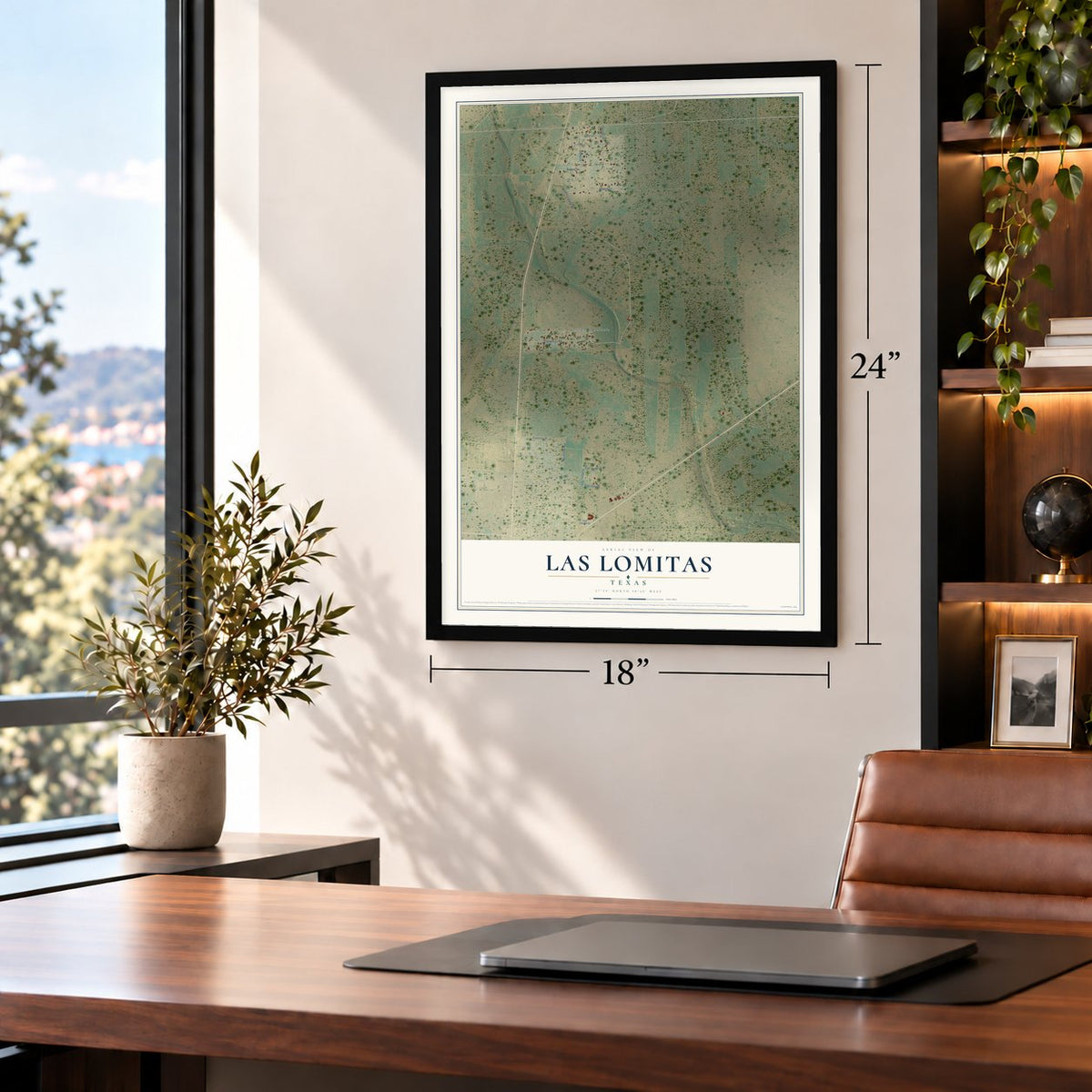 Las Lomitas, Texas map, 18 x 24 inch print in a black frame in a home office
