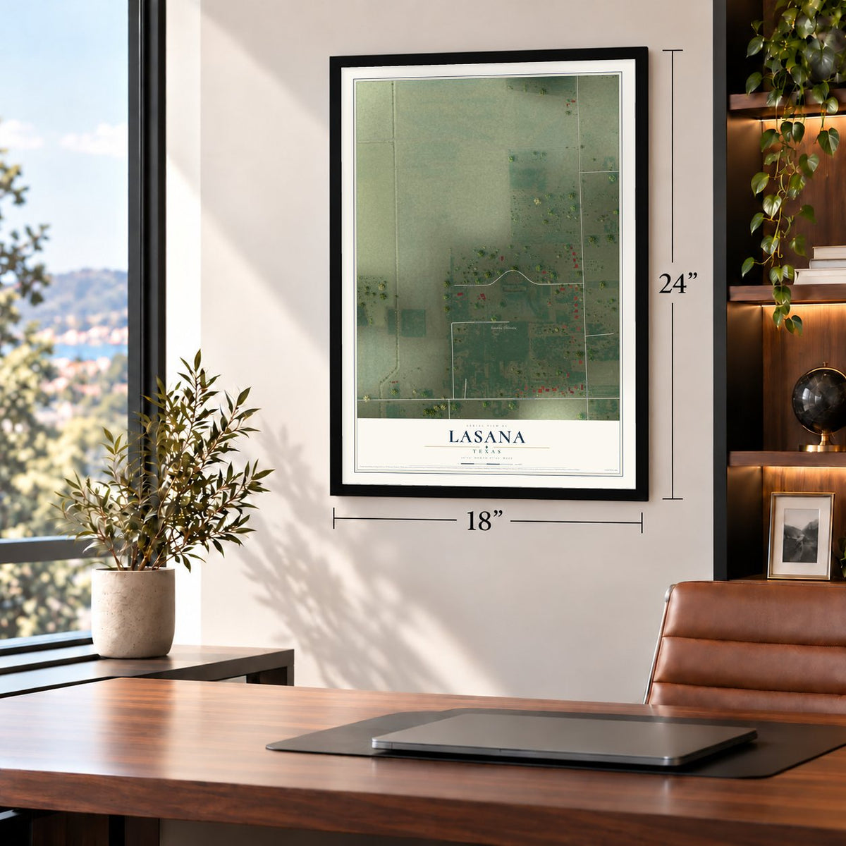 Lasana, Texas map, 18 x 24 inch print in a black frame in a home office