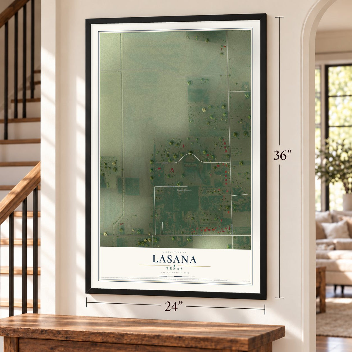 Lasana, Texas map, 24 x 36 inch print in a black frame by a staircase