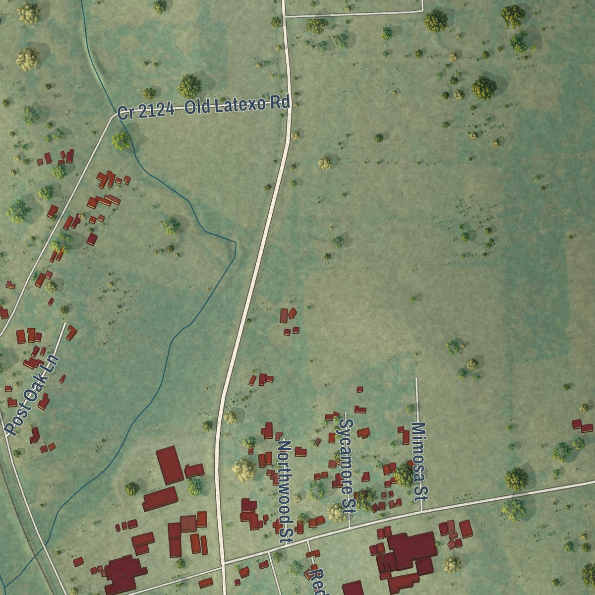 Close-up of the map of Latexo, Texas print showing street and building detail