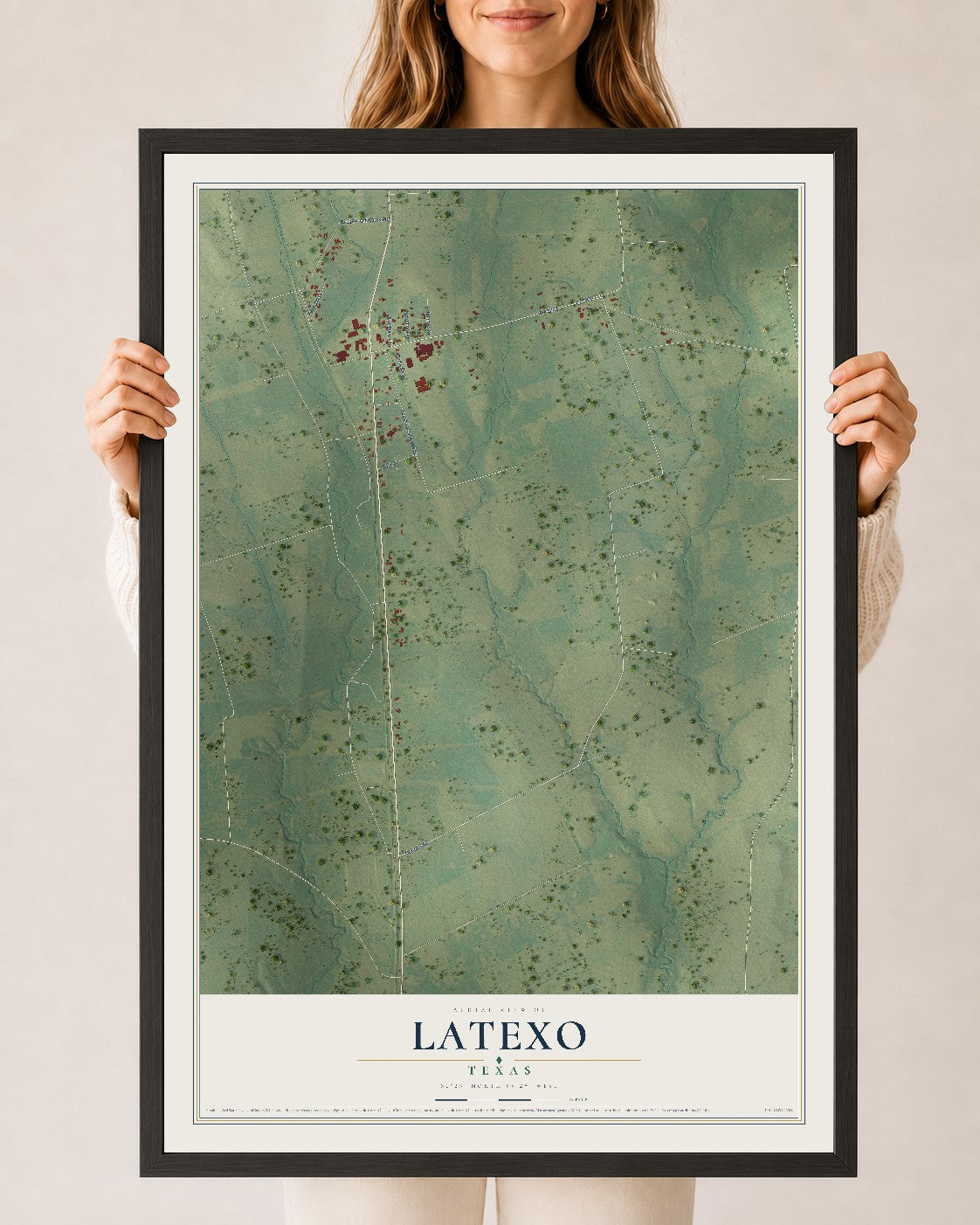 Map of Latexo, Texas, 24 x 36 inch print in a black wood frame