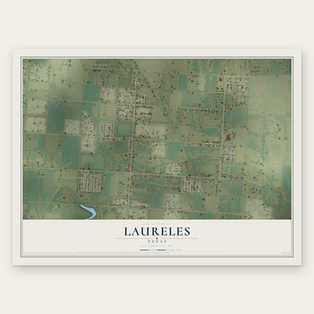 Laureles, Texas map print, the full design